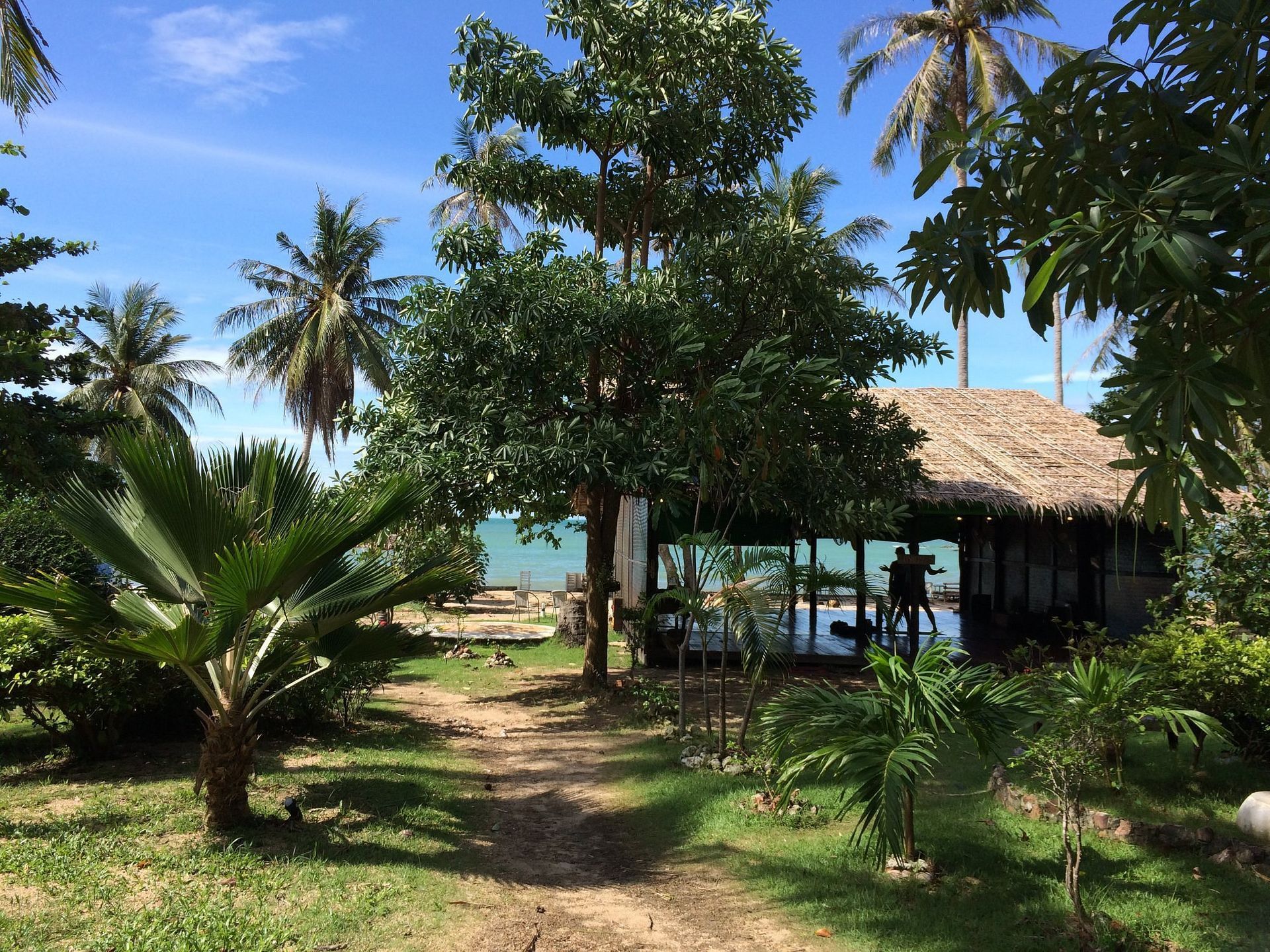Tropical garden with palm trees, lush greenery, and a thatched-roof hut near the beach
