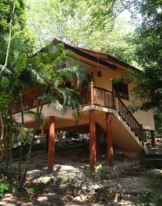 Raising bungalow with red columns and staircase, surrounded by lush tropical trees