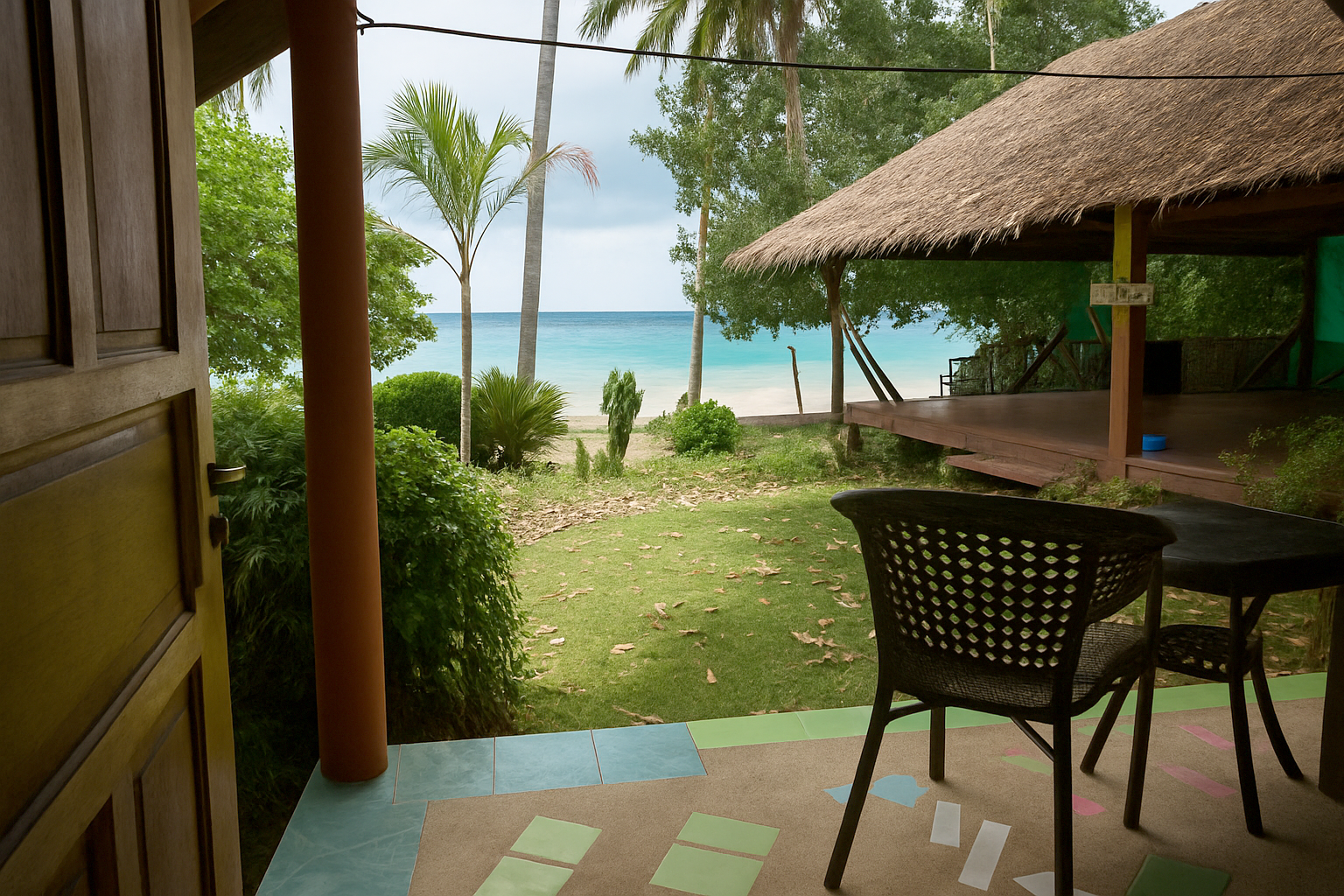 Tropical beach resort patio with chairs, thatched hut, palm trees, and turquoise ocean view