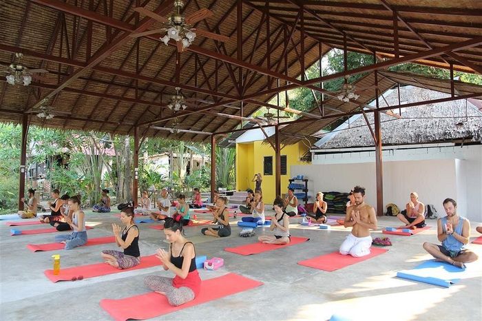People practicing yoga on colorful mats under a thatched pavilion outdoors