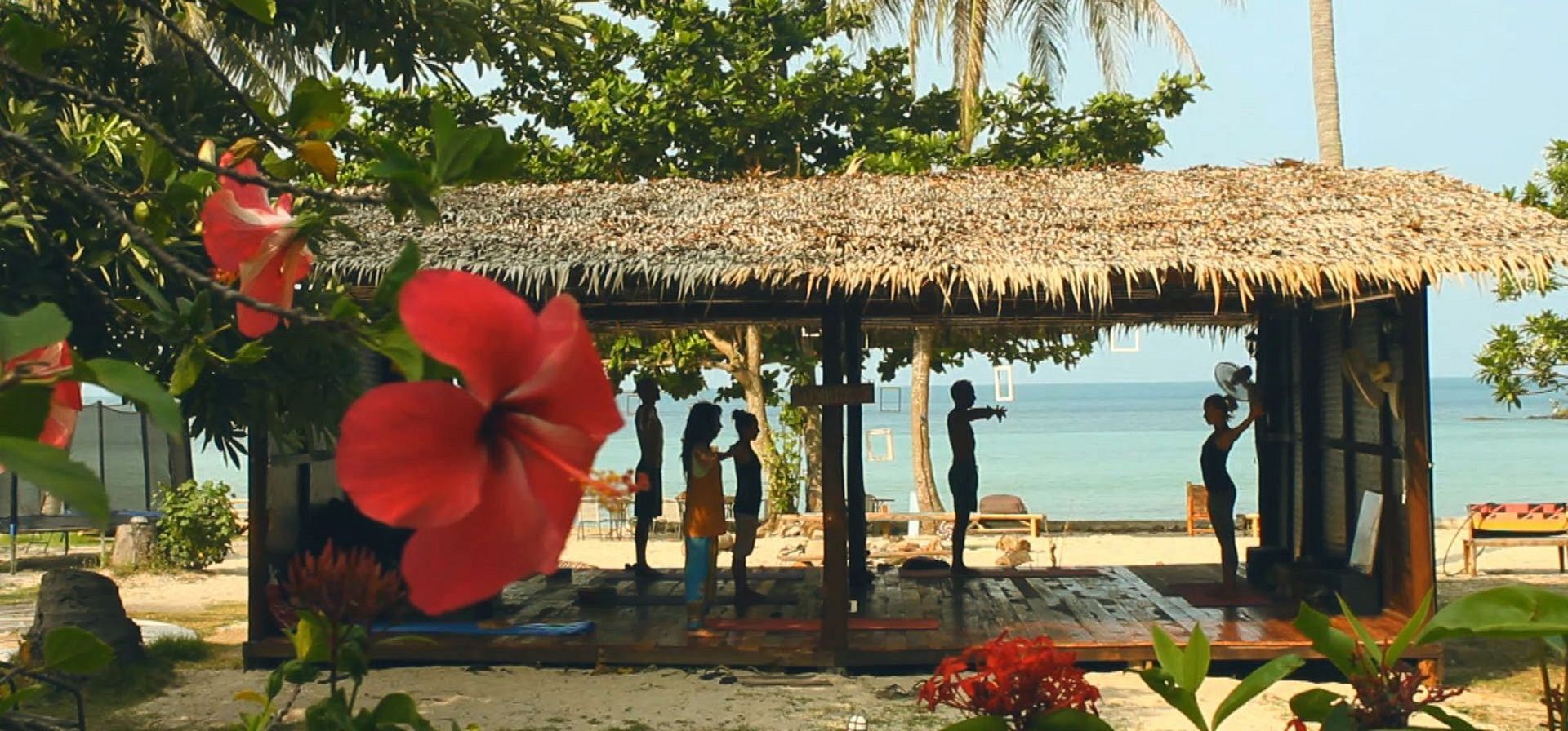 Beachside thatched pavilion with red hibiscus flowers and ocean view