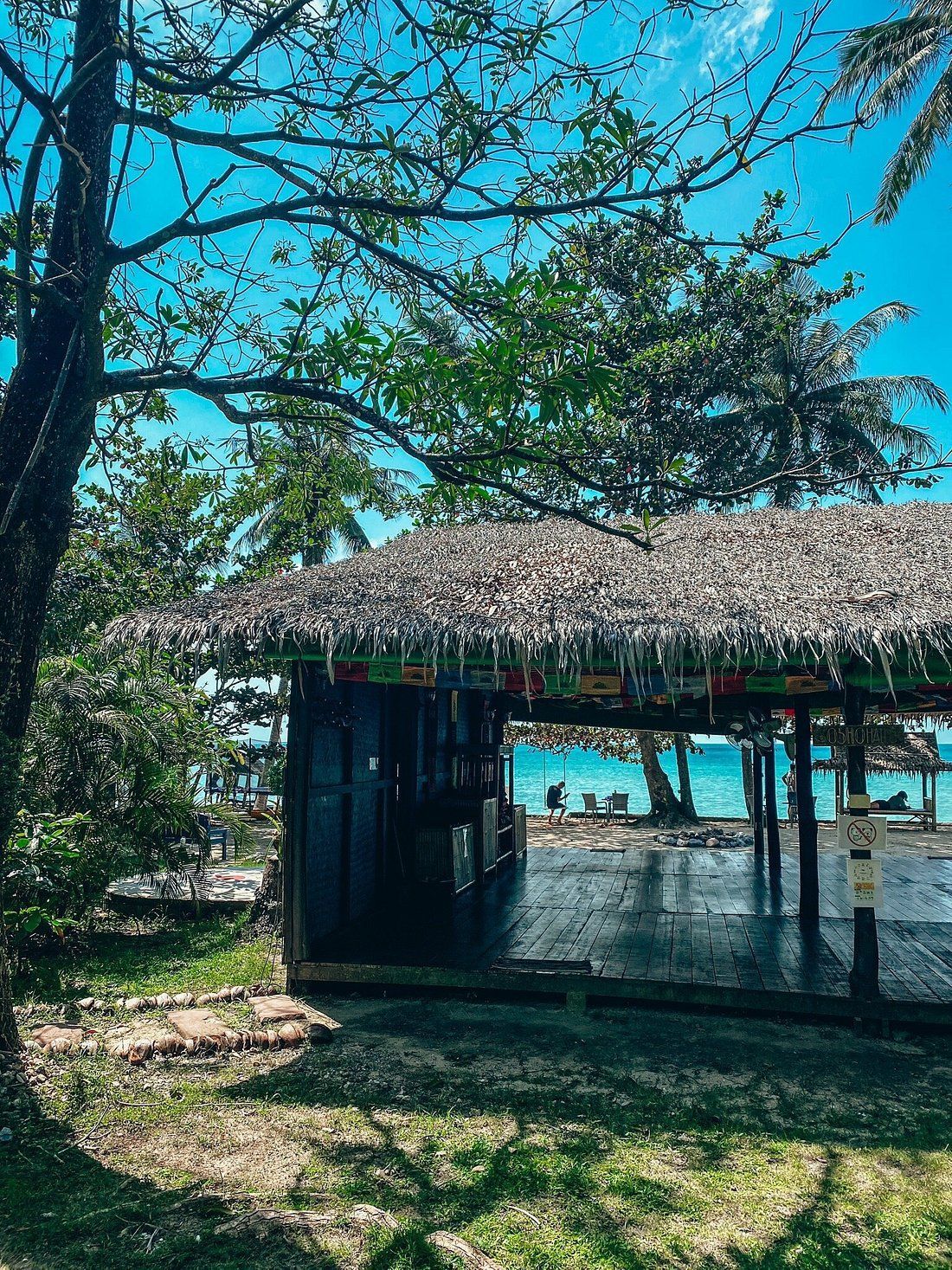 Thatched beach pavilion under trees beside blue water on a sunny day