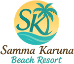 Samma Karuna Beach Resort logo with teal palm tree, waves, and yellow sun