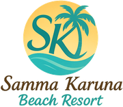 Samma Karuna Beach Resort logo with teal palm tree, waves, and yellow sun