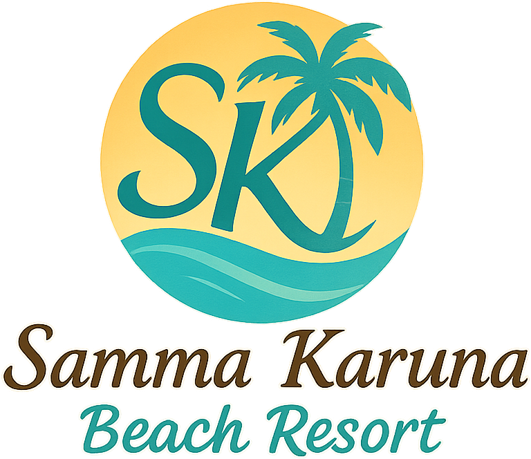 Samma Karuna Beach Resort logo with teal palm tree, waves, and yellow sun