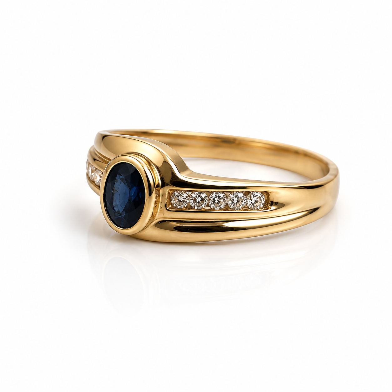 Gouden ring 14k met diamant en blauwe steen maat 16,5 Juwelier Schouten Middenwaard