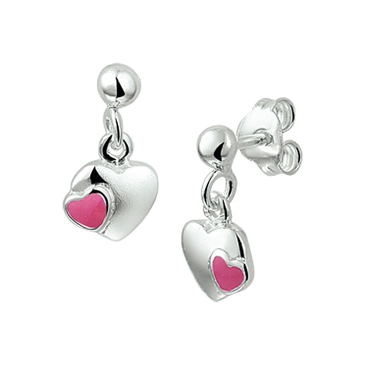 Zilveren oorhangers met een hartje en roze emaille.