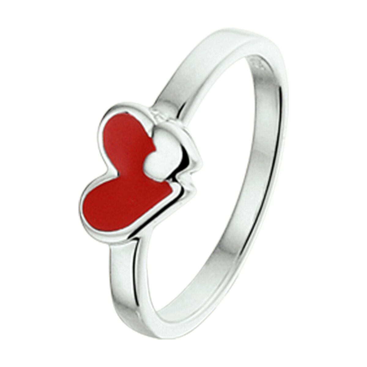 Schattige gerhodineerd zilveren ring met rode en roze emaille hart. 