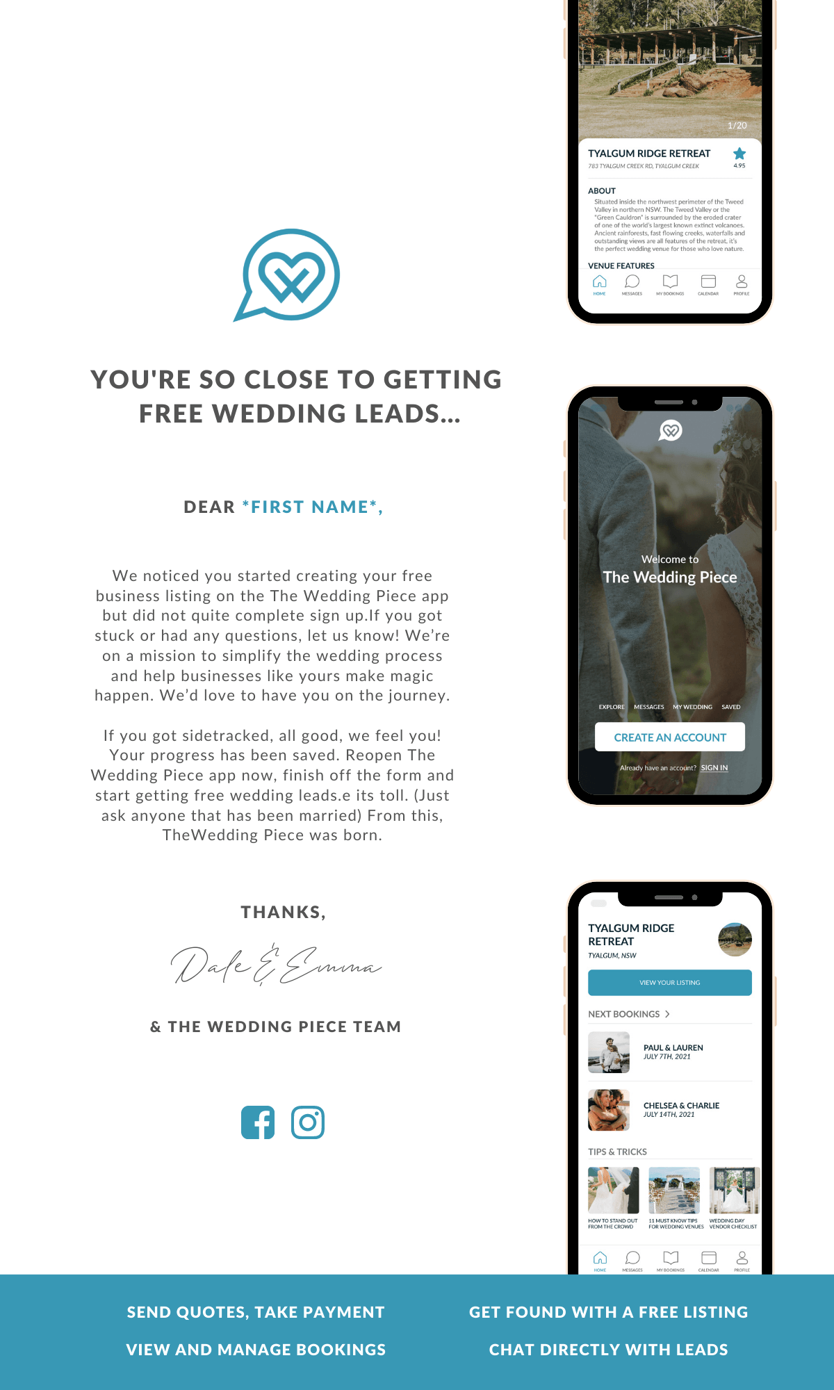 Apex Ad Agency's Email Marketing Leads - Image with a message Prompting Users To 'Sign Up For The Wedding Piece App