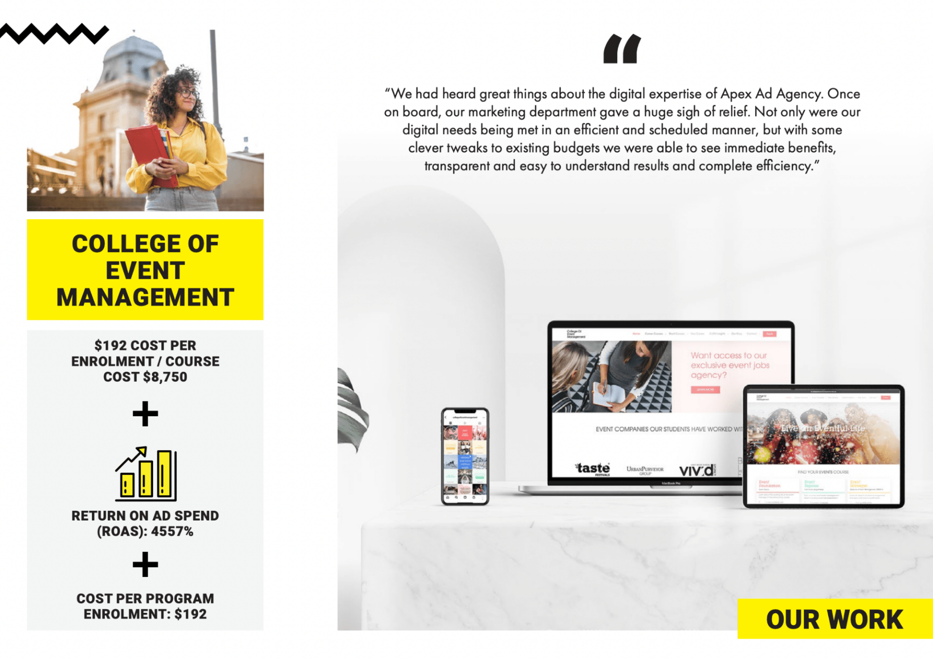 Highlighting Apex Ad Agency's Excellence For The College Of Event Management: Image With Great Reviews And Visible Results, Underscoring Our Commitment To Top-Notch Marketing.