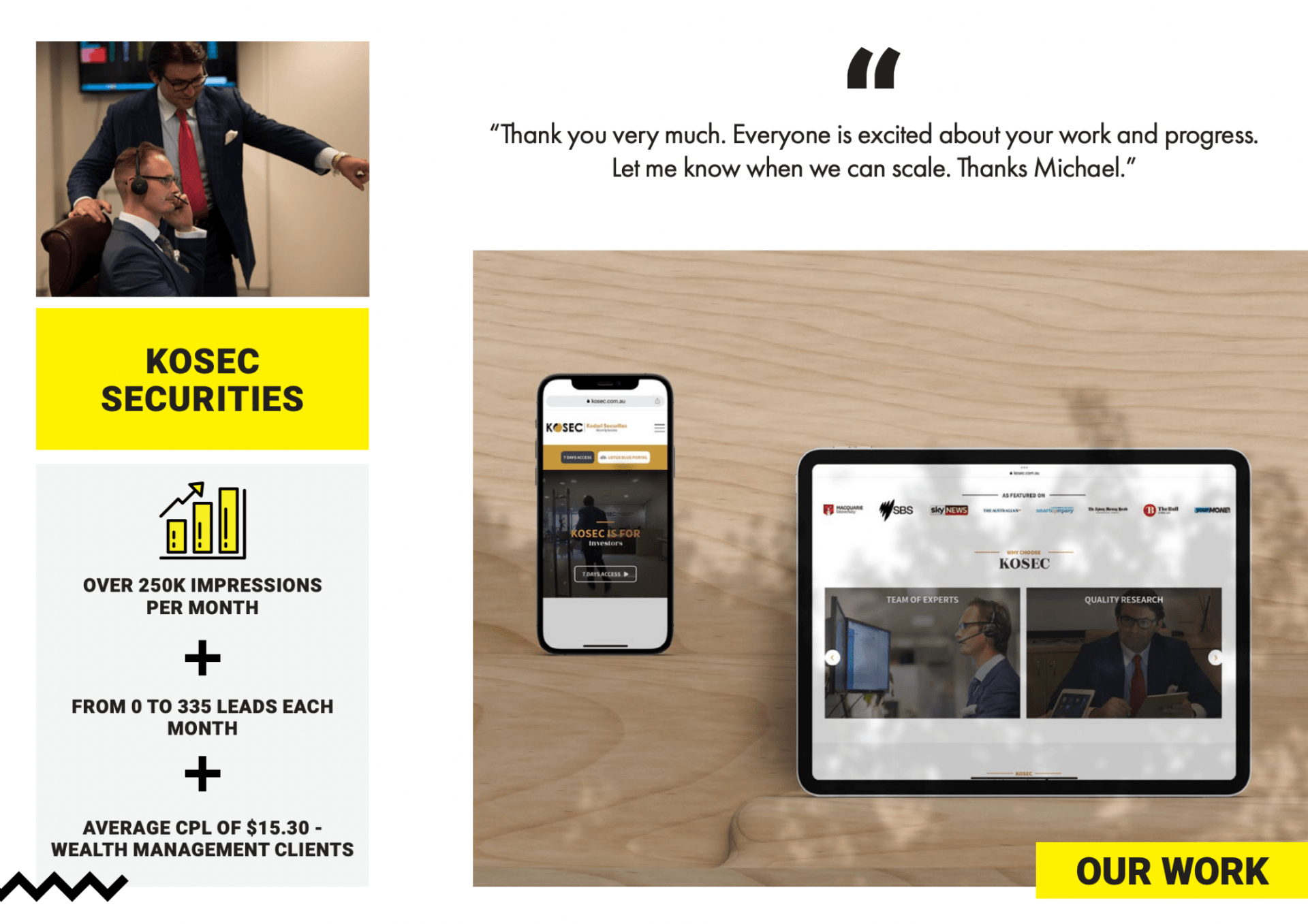 Capturing Apex Ad Agency's Success for KOSEC Securities - A Snapshot with Client Data and Positive Reviews, Exemplifying Impactful Marketing.