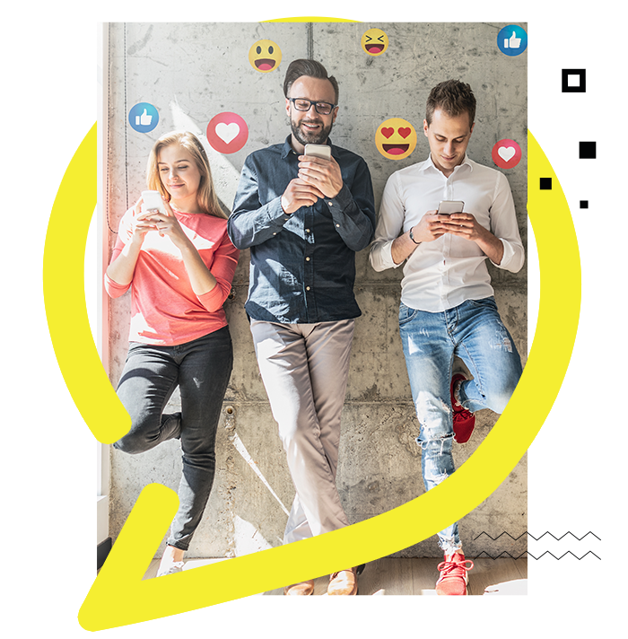 Three individuals engrossed with smartphones, leaning against the wall. Apex Ad Agency seamlessly connects audiences through modern technology.