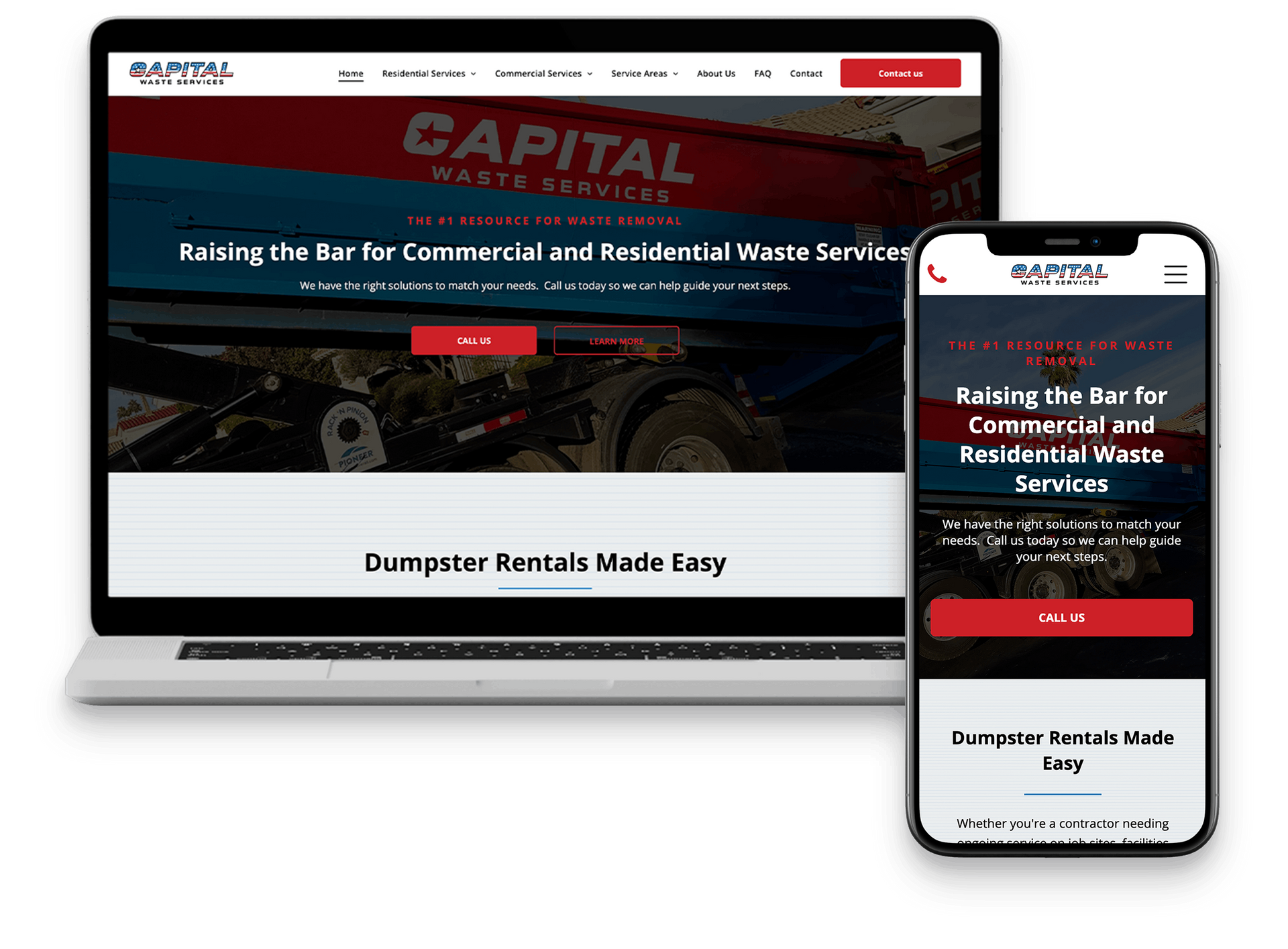 Laptop and phone showing a website for Premier Dumpster Rentals; green and black color scheme.