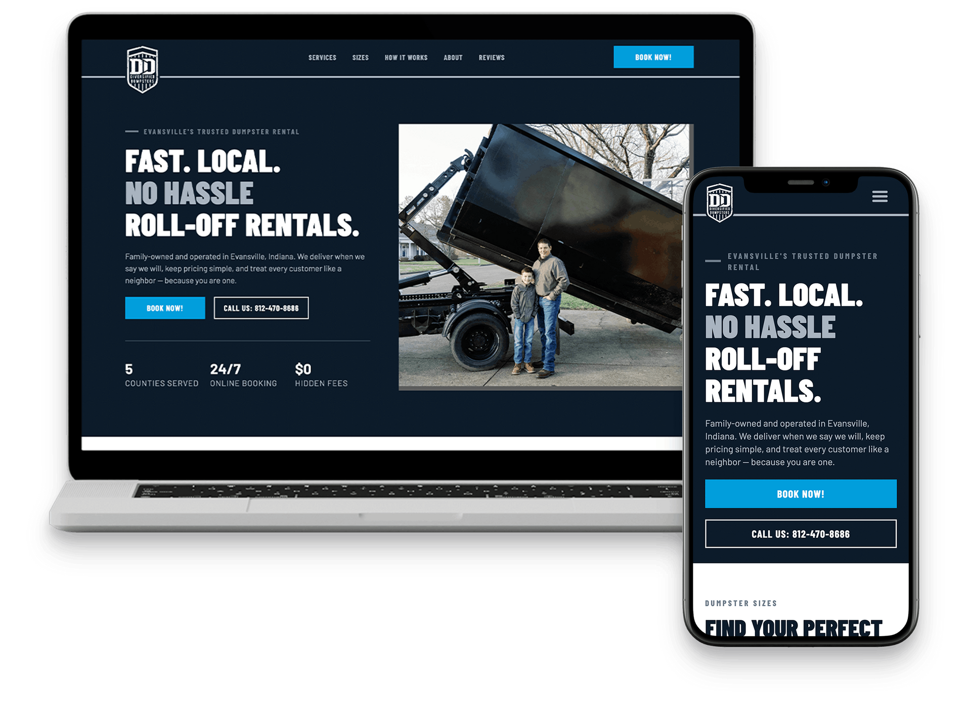 Laptop and phone display a website for dumpster rentals and junk removal.