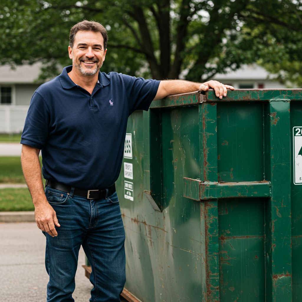 Man in blue shirt and jeans leans on a large green dumpster, smiling outdoors.