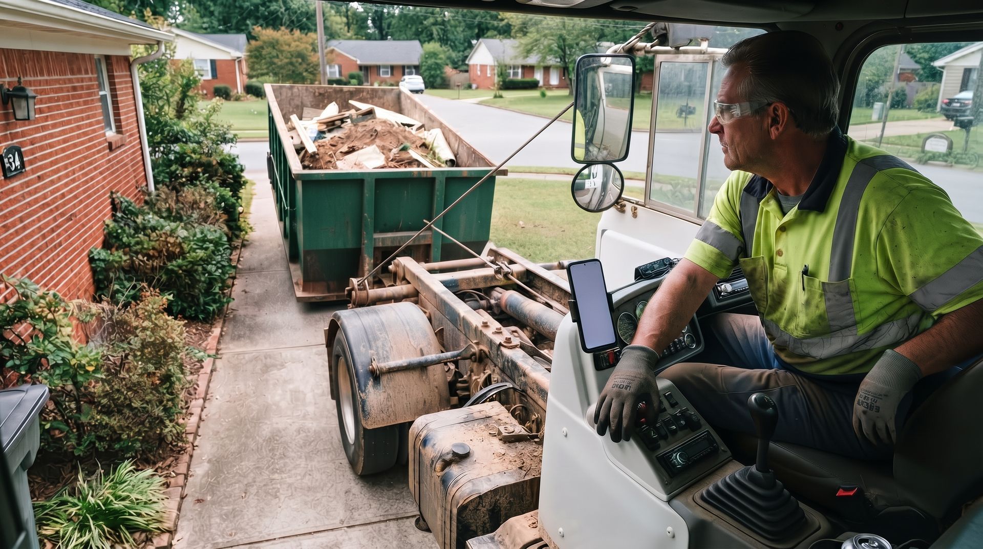 Worker in neon shirt operates a loader beside a dumpster full of debris outside a brick building