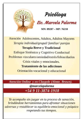 Folleto de psicología con logotipo de árbol, lista de servicios, número de teléfono y una franja roja de contacto.