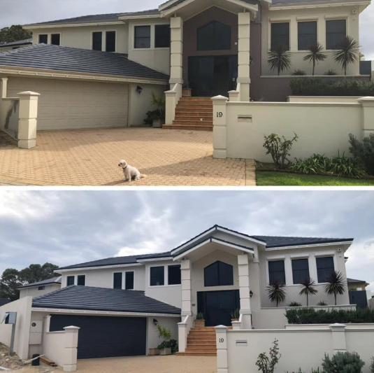 Two-story modern house with gray roof, white walls, and a garage, shown in before-and-after views.