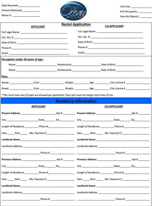 A rental application form with a blue border