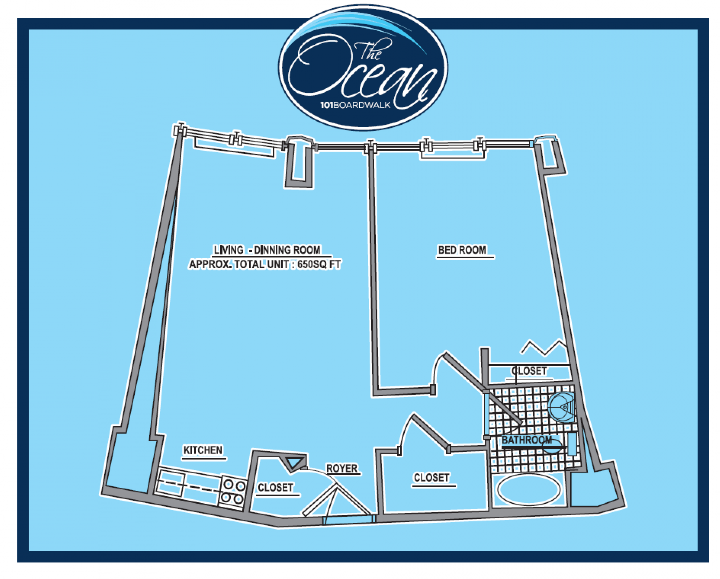 A blue and white floor plan of a house.