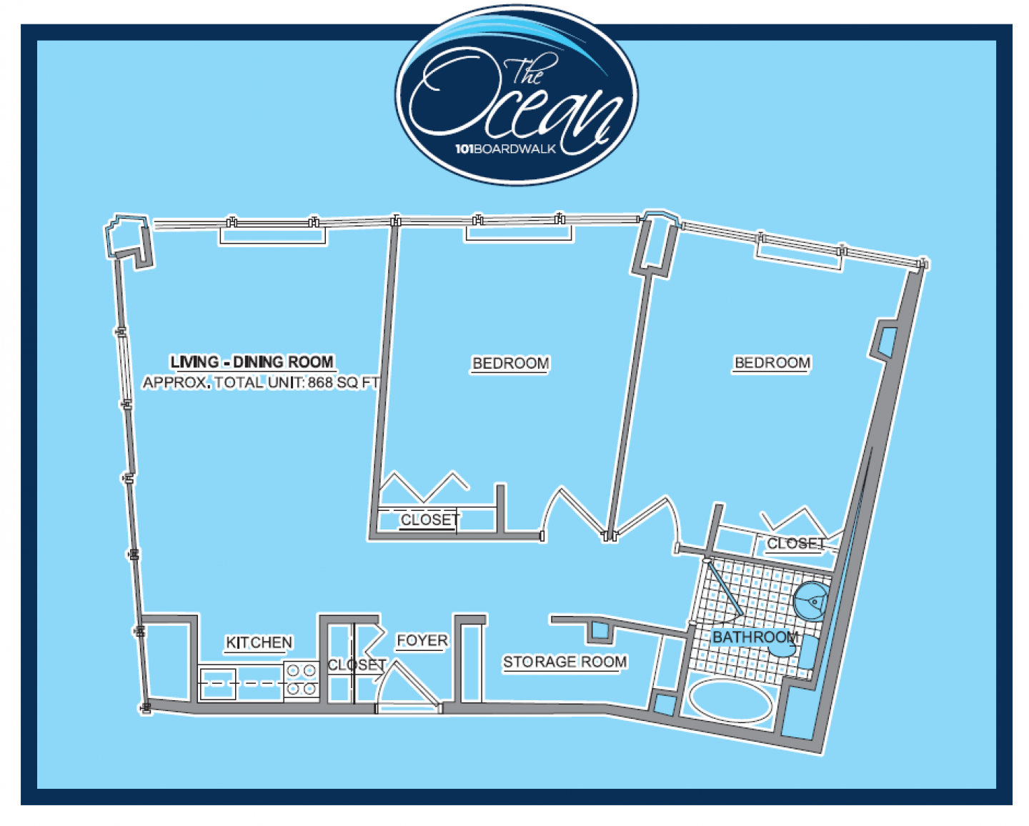 A blue and white floor plan of a house called the ocean