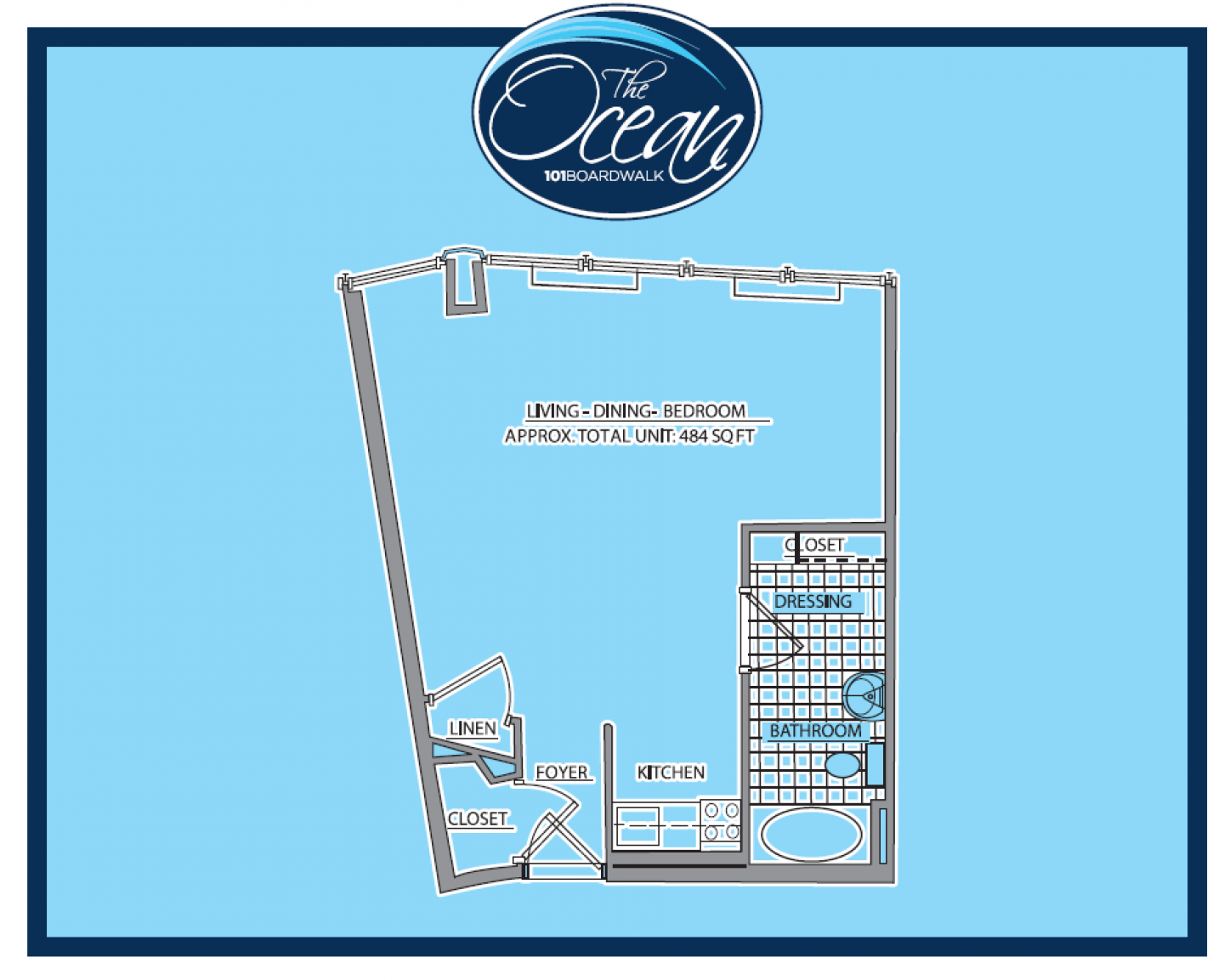 A blue and white floor plan of a house.