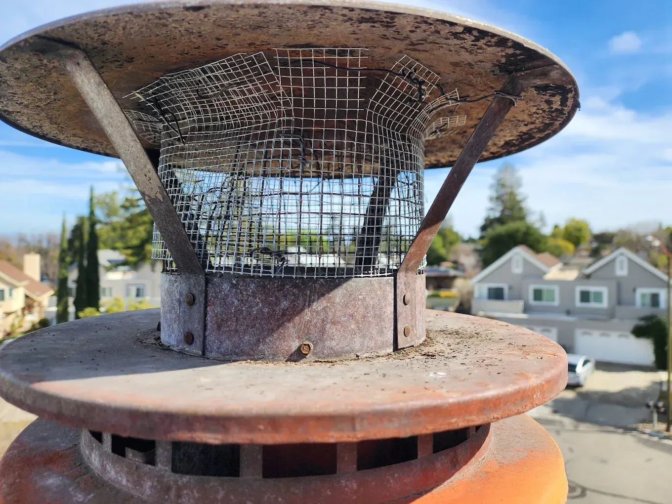 Close-up of a rusted metal chimney cap with a wire mesh screen, against a suburban rooftop backdrop
