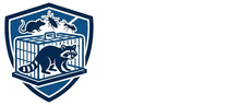 Blue shield logo with a black bear and a white leaping cat on a bridge over water