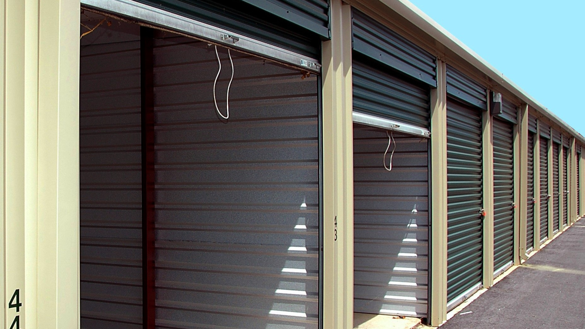 Storage units with open and closed metal roll-up doors, outdoors.