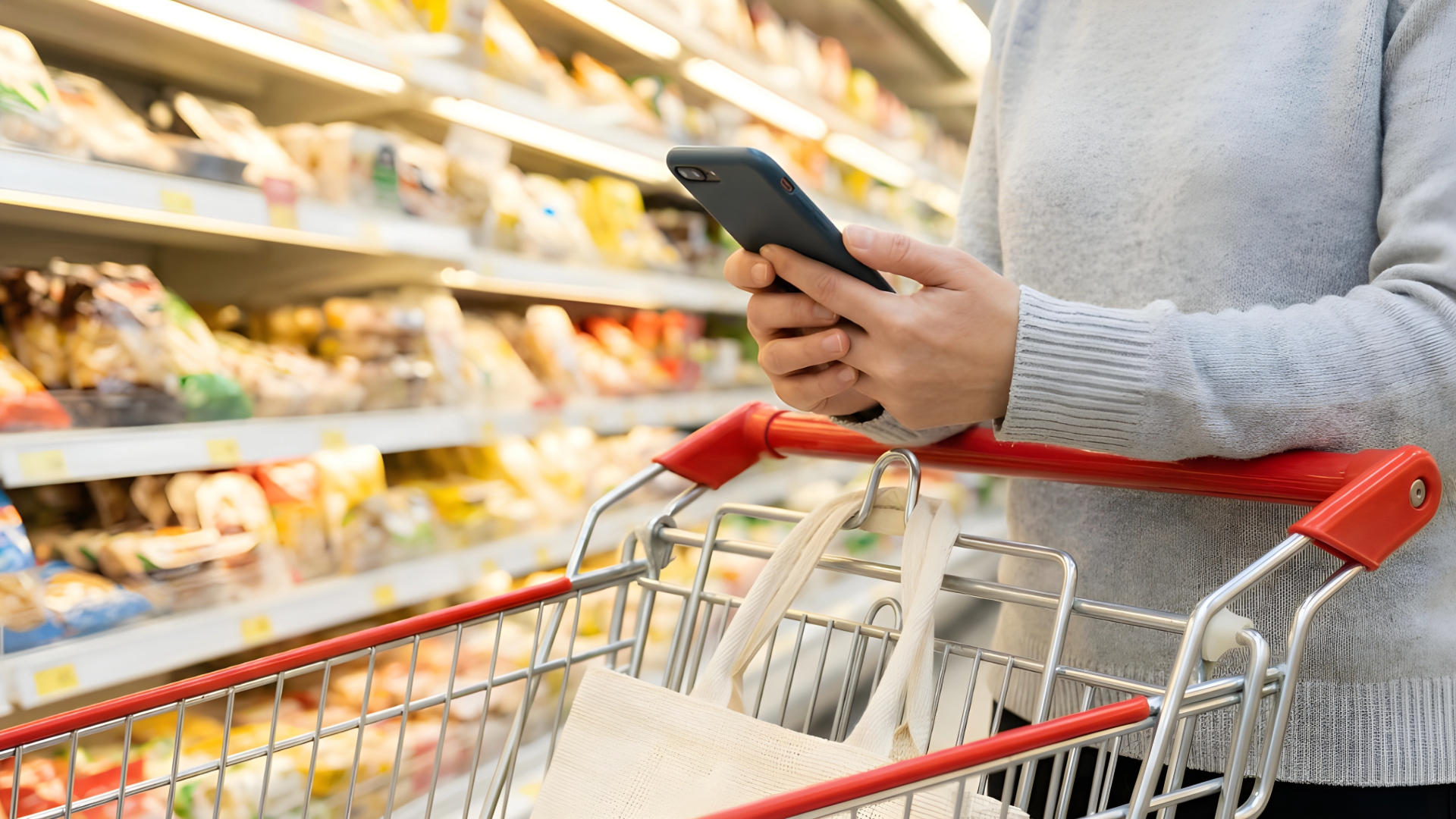 A person using a smartphone while pushing a shopping cart in a grocery store aisle