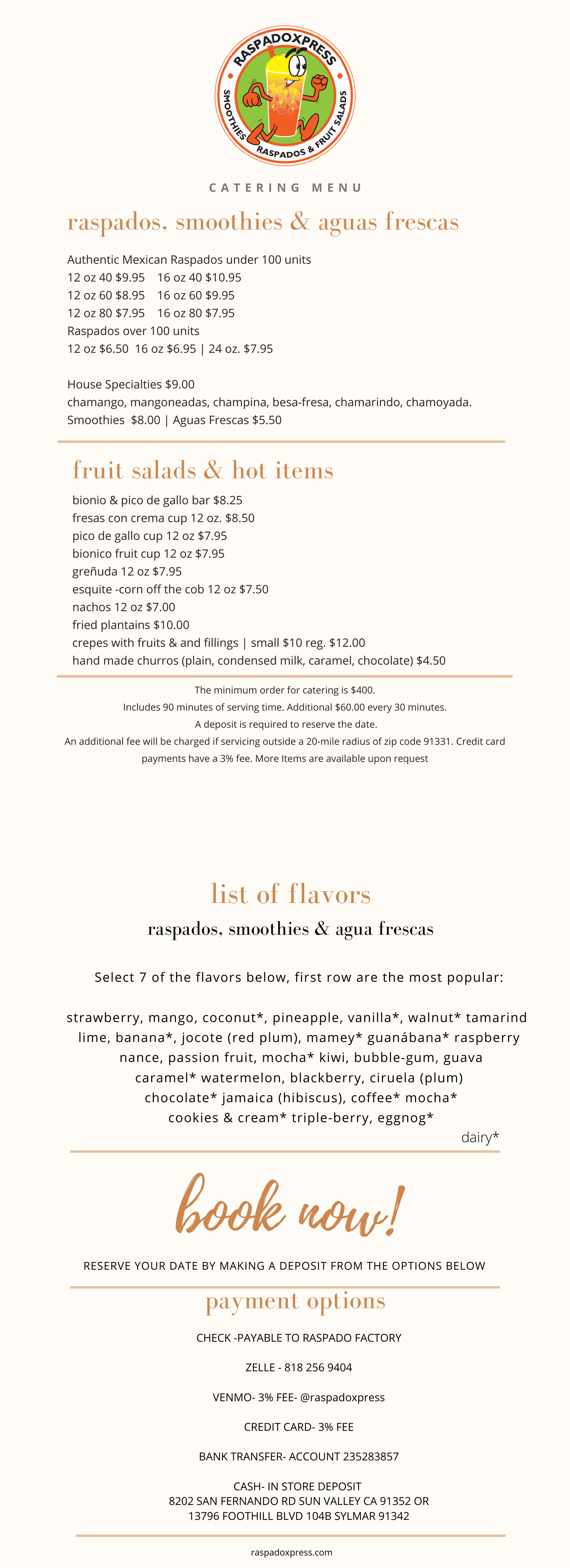 Catering menu for raspados, smoothies, aguas frescas, fruit salads, and hot items.