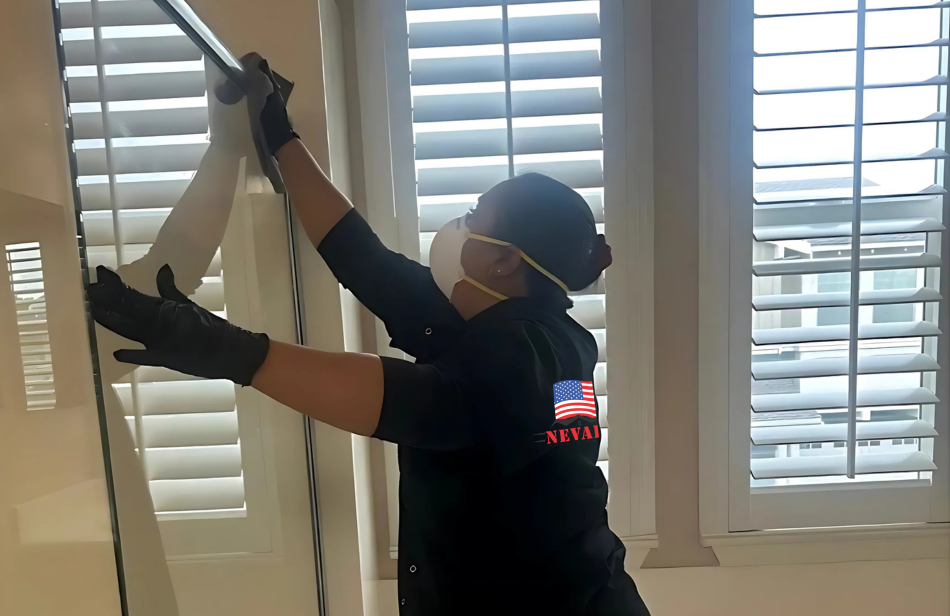 A woman wearing a mask and gloves is cleaning a window.