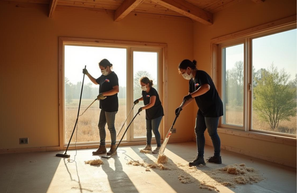 Three women are cleaning a room with mop and broom.
