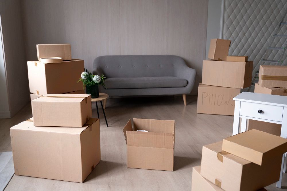 A living room filled with cardboard boxes and a couch.