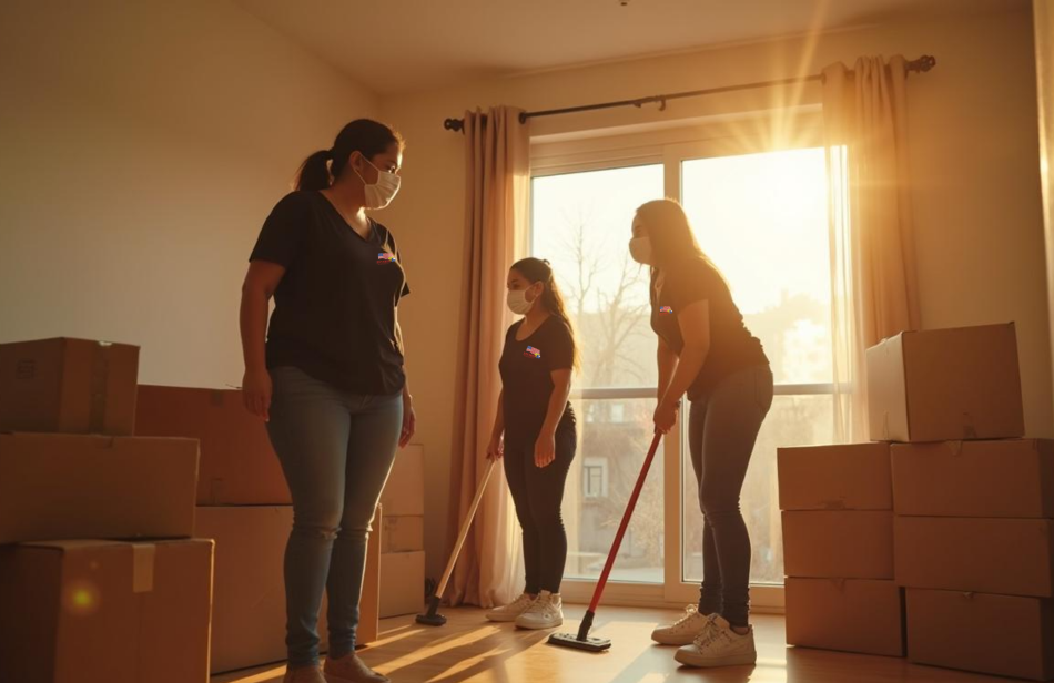 A group of women are cleaning a living room with boxes.