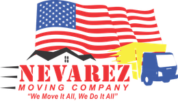 A logo for a moving company with an american flag and a truck