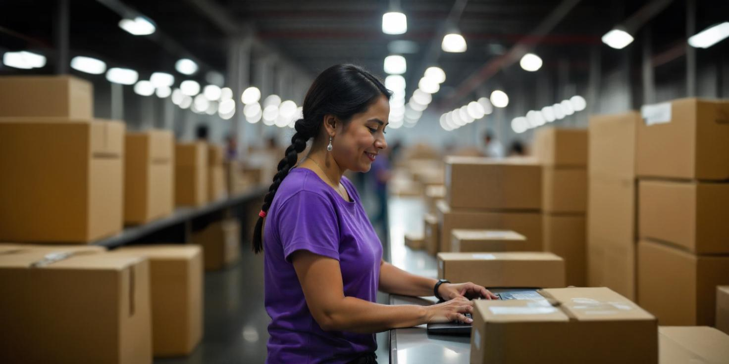 A woman in a purple shirt is working in a warehouse.