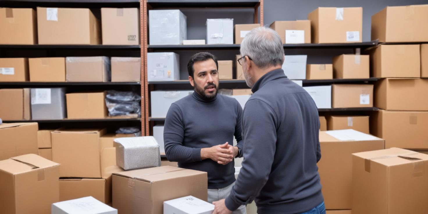 Two men are standing in a warehouse talking to each other.