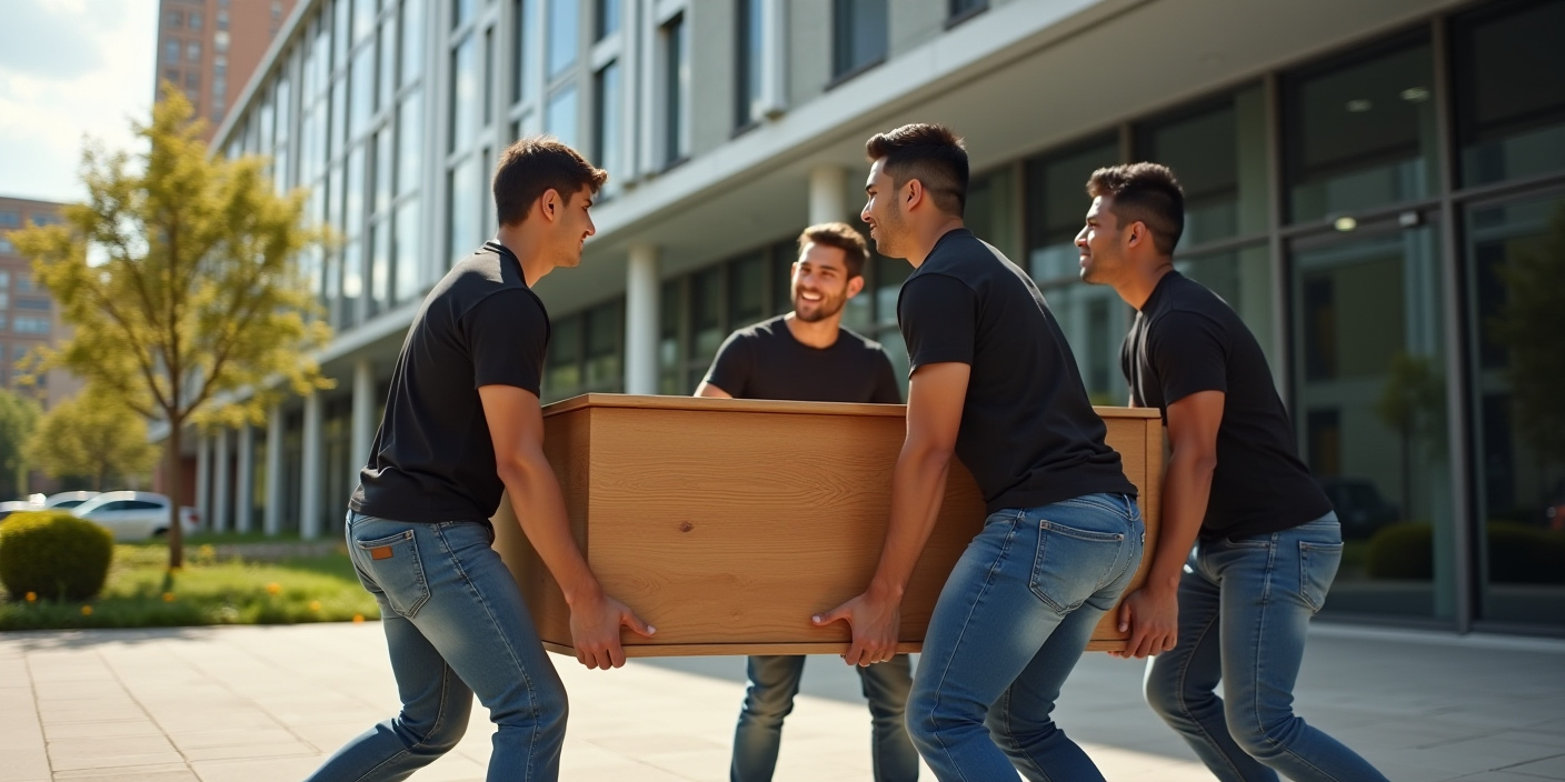 A group of men are carrying a wooden box.