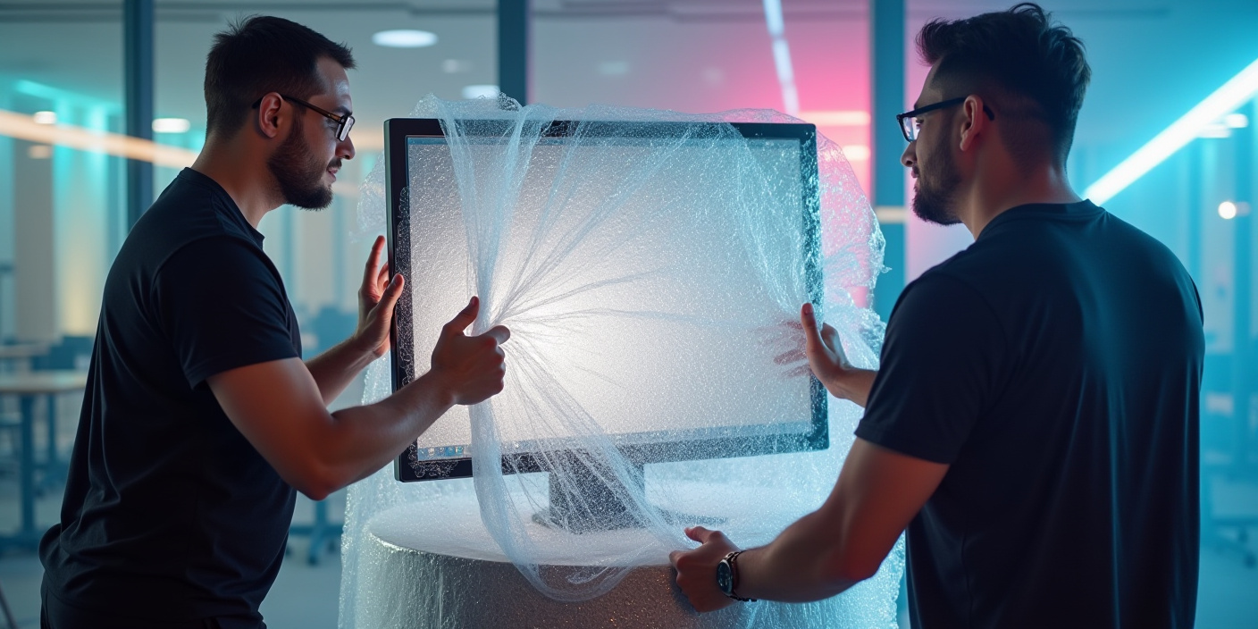 Two men are wrapping a computer monitor in plastic wrap.