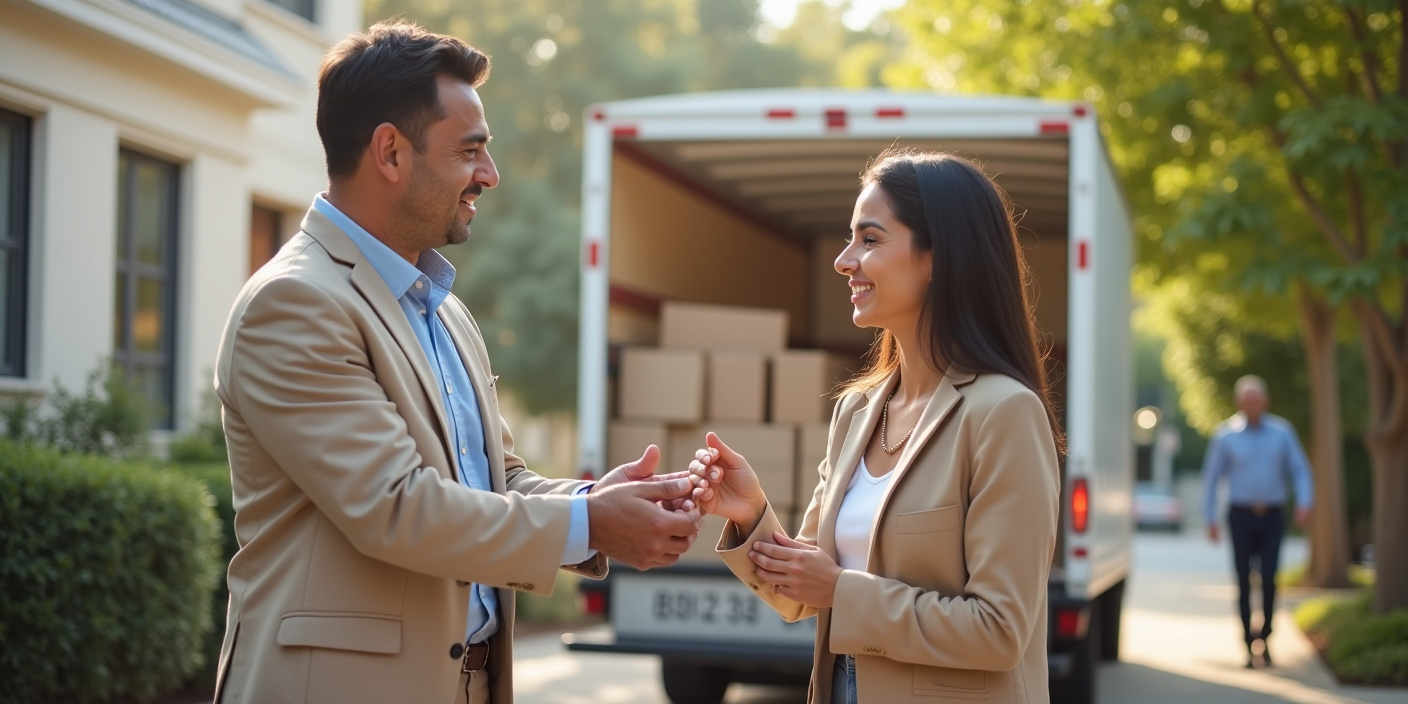 A man in a black jacket with the word pack on the back Two men are loading boxes into a moving truck.