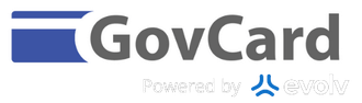 A blue and white logo for govcard powered by evolve.