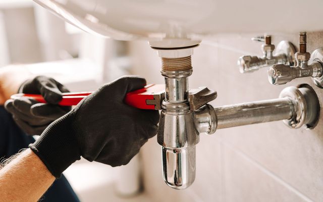 Plumber using a wrench to work on pipes under a white sink, wearing black gloves.