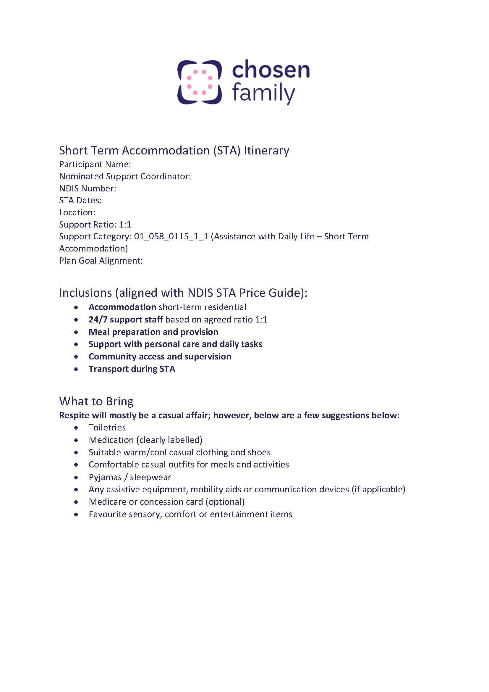 Text document with a logo, lists of items, and "chosen family" branding.