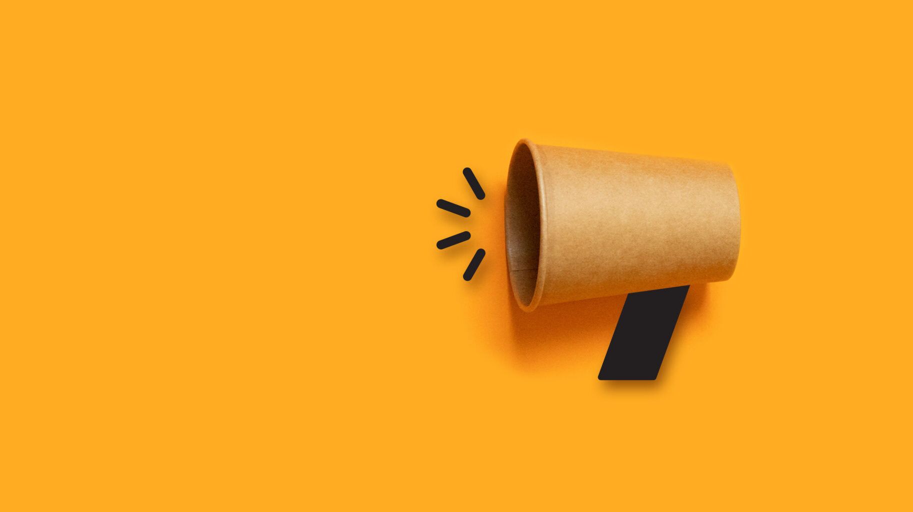Brown megaphone icon with black handle on orange background.