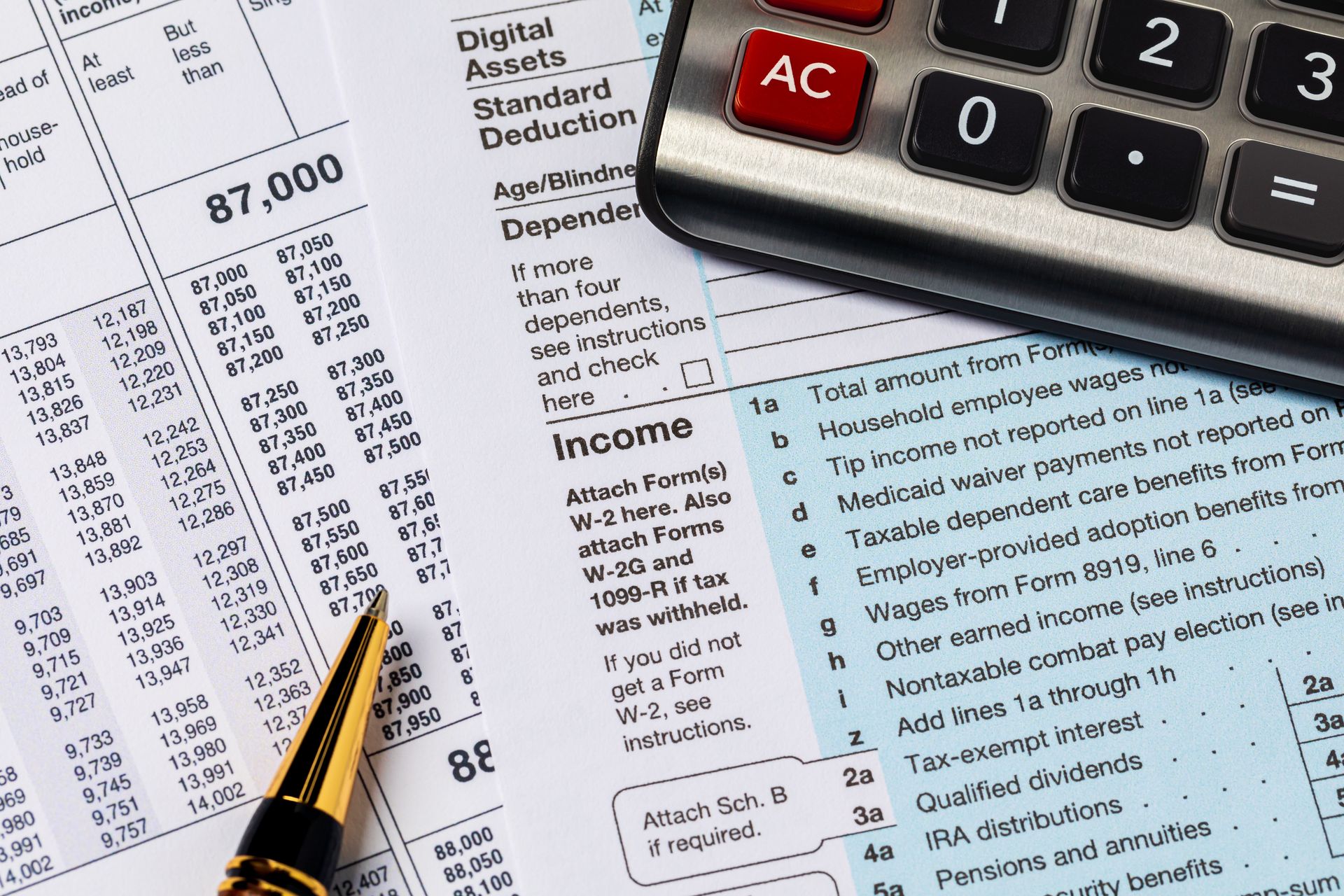 Federal income tax bracket chart and tax return form.