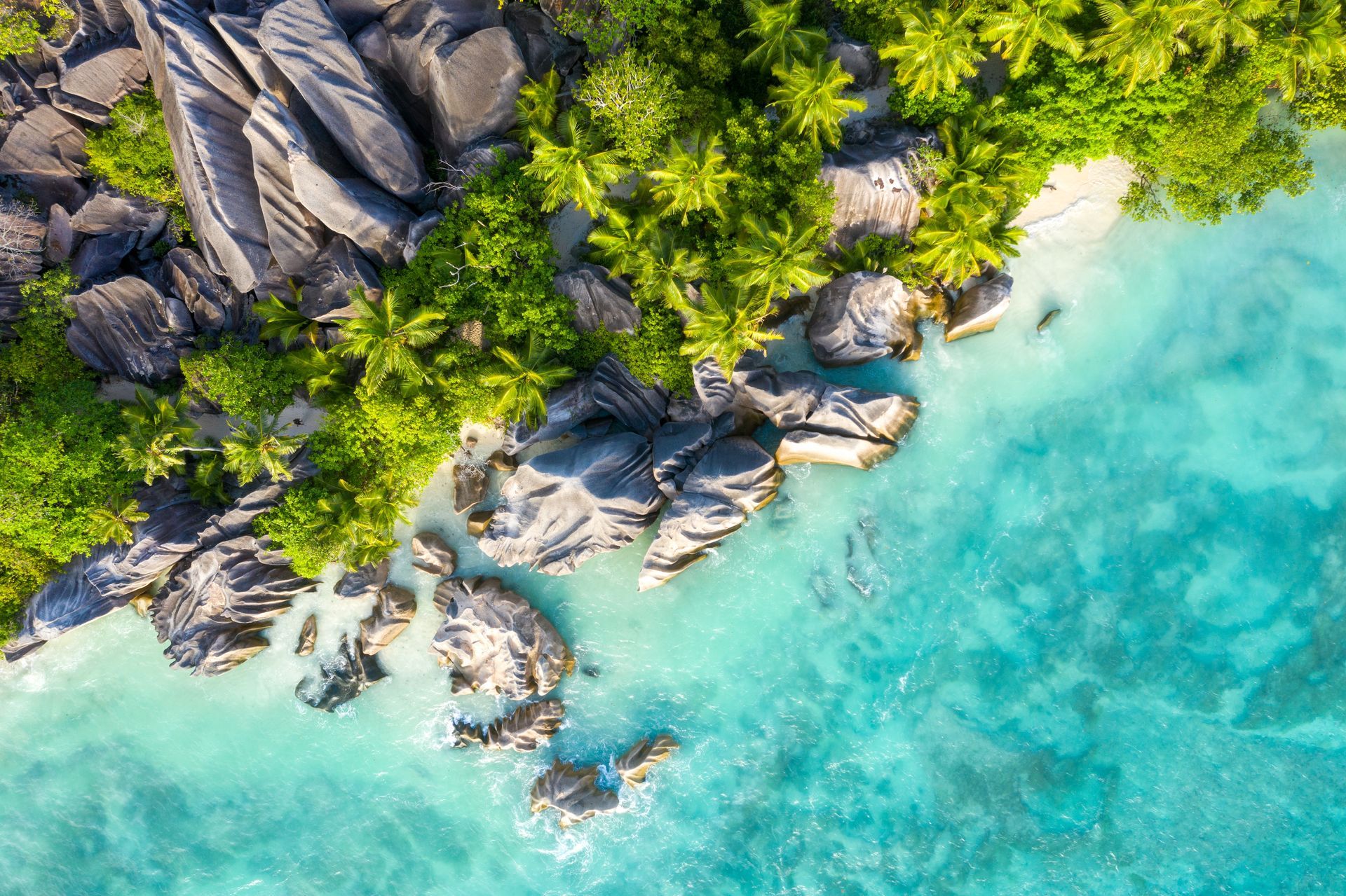 Aerial view of a tropical beach with large granite boulders, lush green palm trees, and clear turquoise water.