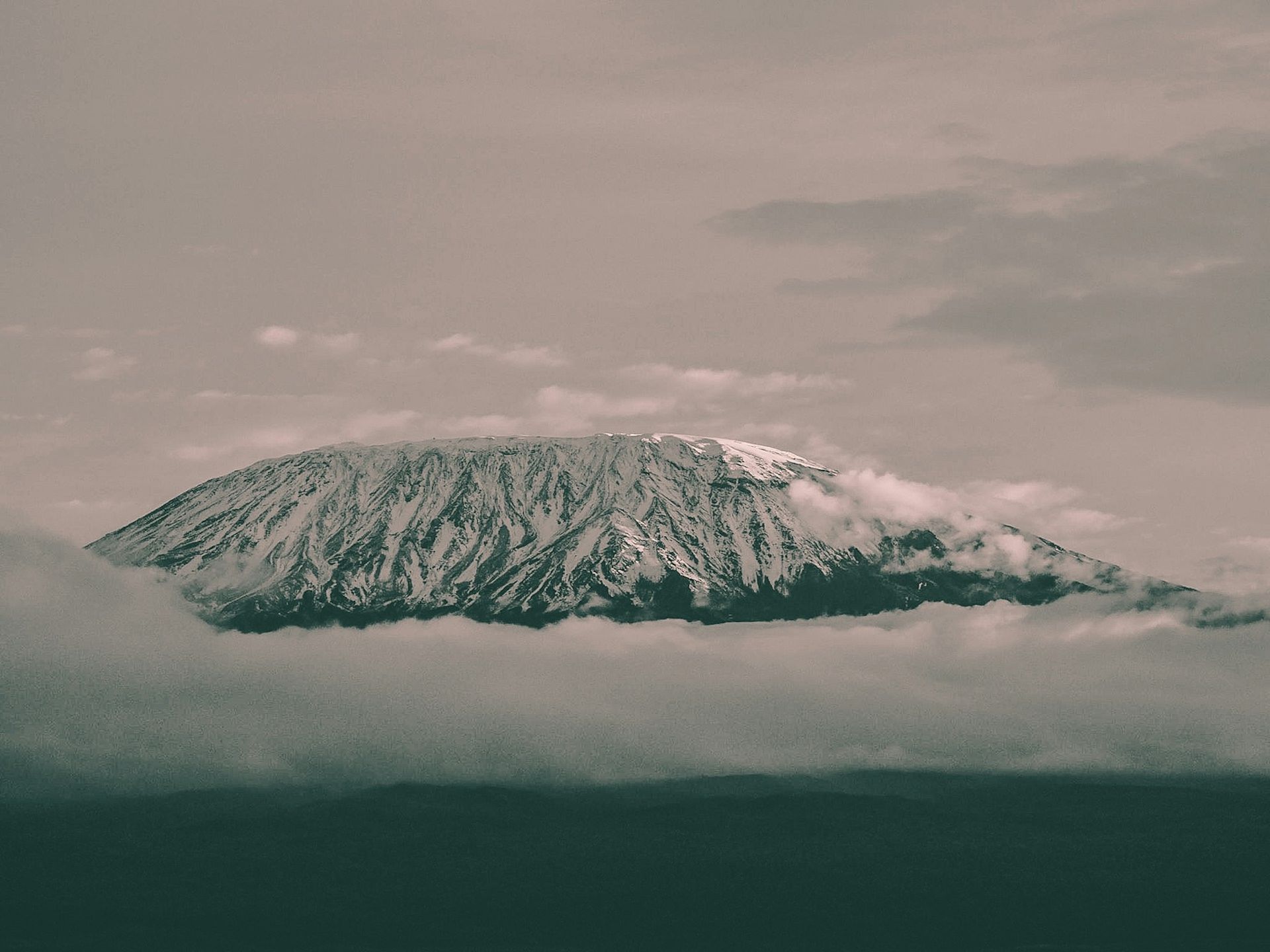 A snow-capped mountain peak rises above a thick layer of clouds against a muted sky.