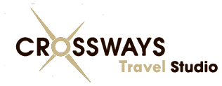 Logo for Crossways Travel Studio featuring dark brown text and a gold, star-shaped compass icon.