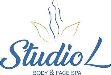 Logo for Studio L Body & Face Spa. Blue script lettering with silhouette of a woman above text and gold leaf design.